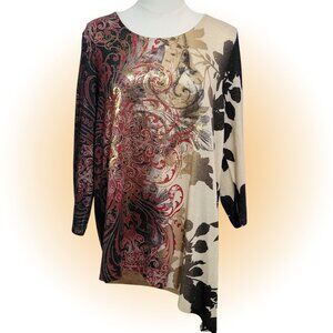 GOLD FOIL SHIMMER AUTUMN ASYMETRIC HEM WOMEN'S TOP BLOUSE CHICO'S 2 L